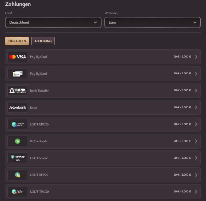 Ein- und Auszahlungen bei ViciBet